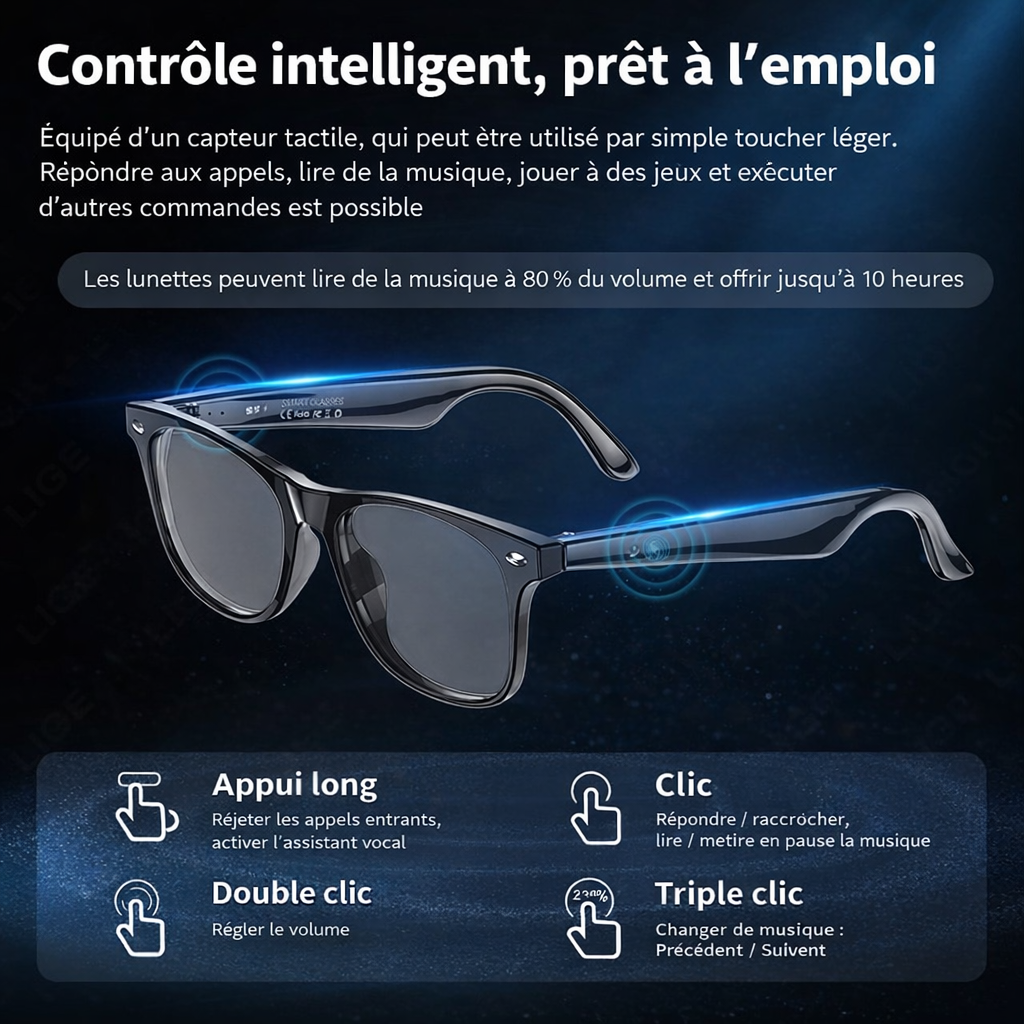 Lunettes Smart LIGE Bluetooth - Appels Sans Fil Micro Haut-Parleurs Traduction