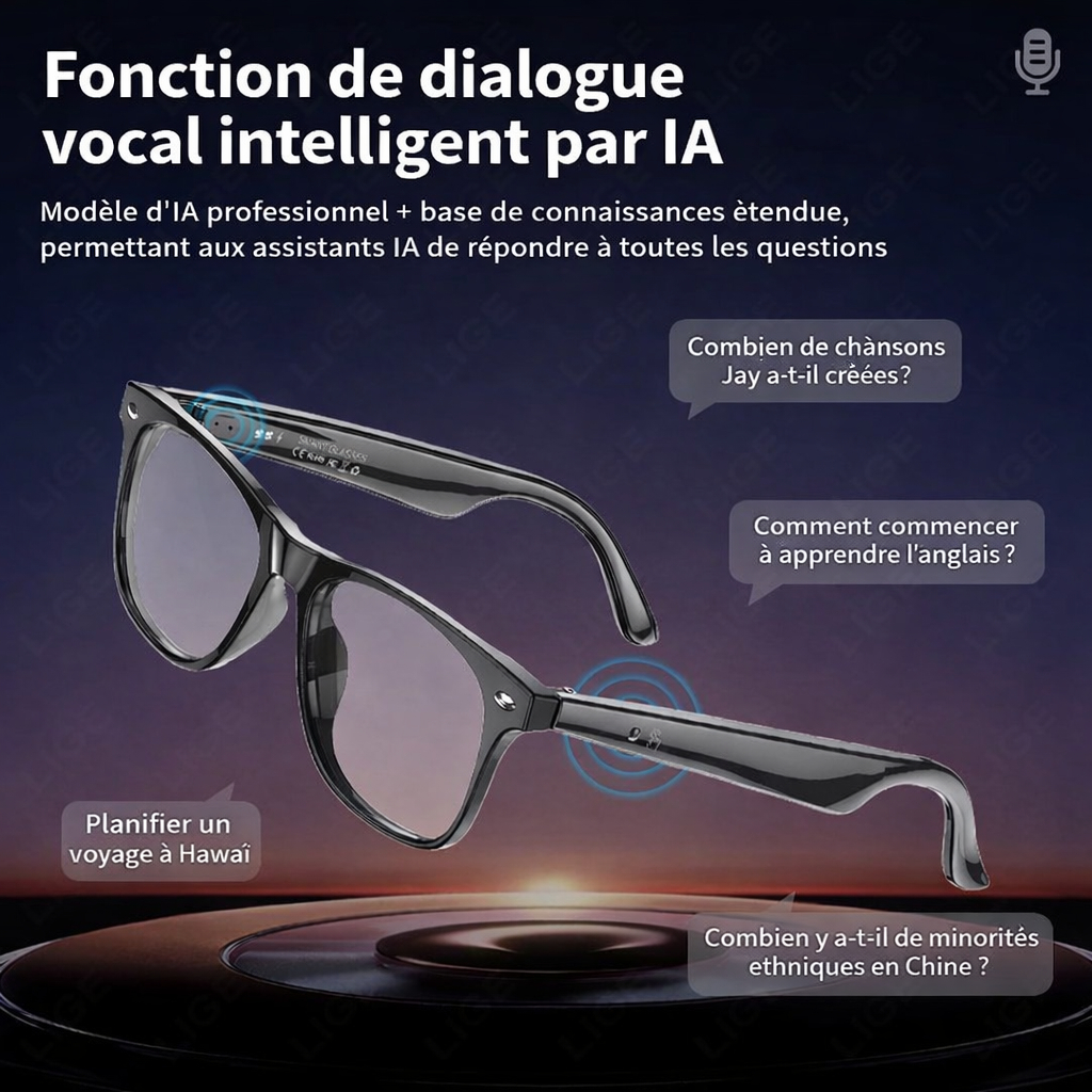 Lunettes Smart LIGE Bluetooth - Appels Sans Fil Micro Haut-Parleurs Traduction